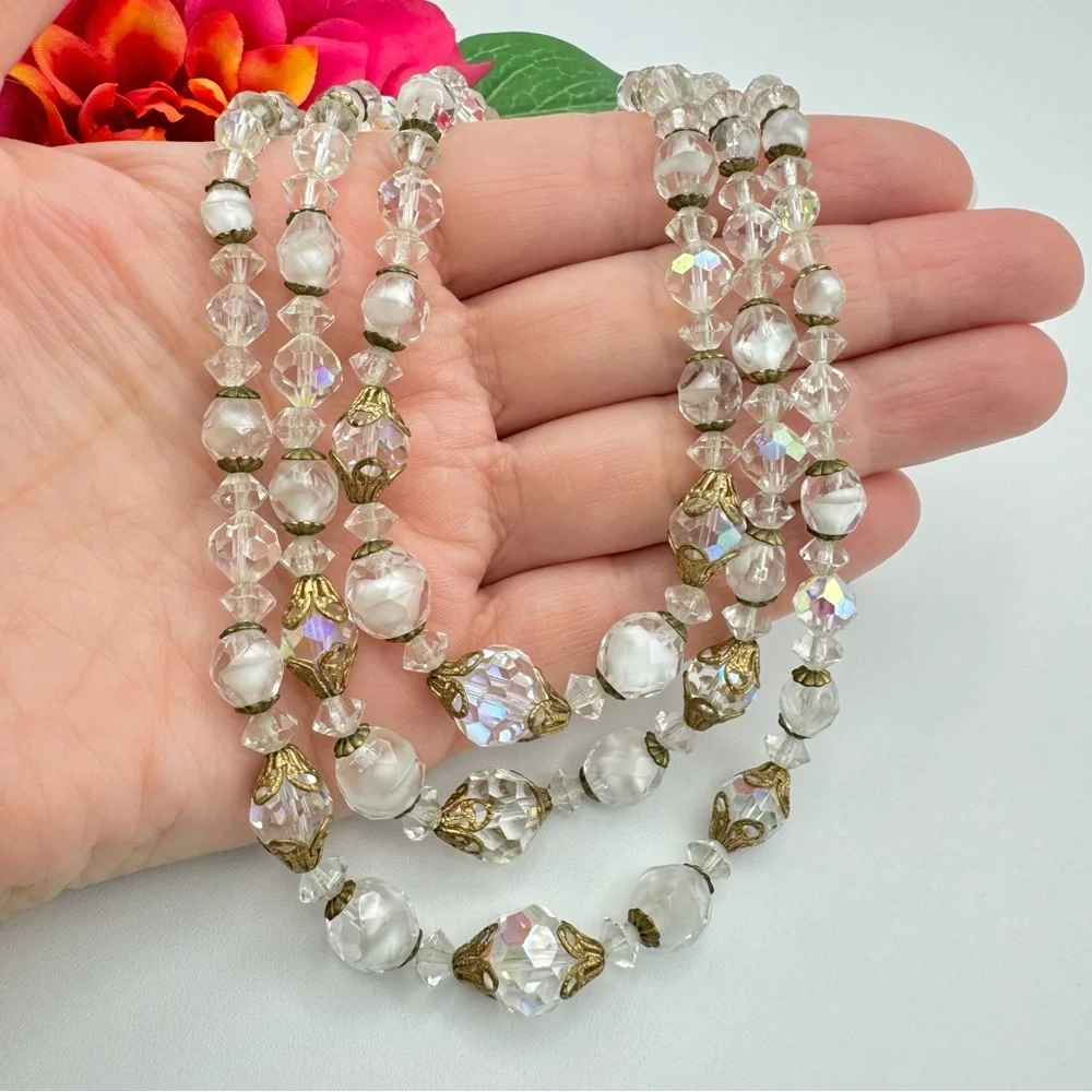 Vintage Givre Glass AB Crystal Bead Triple Strand Necklace Filigree Romantic - Picture 5 of 15